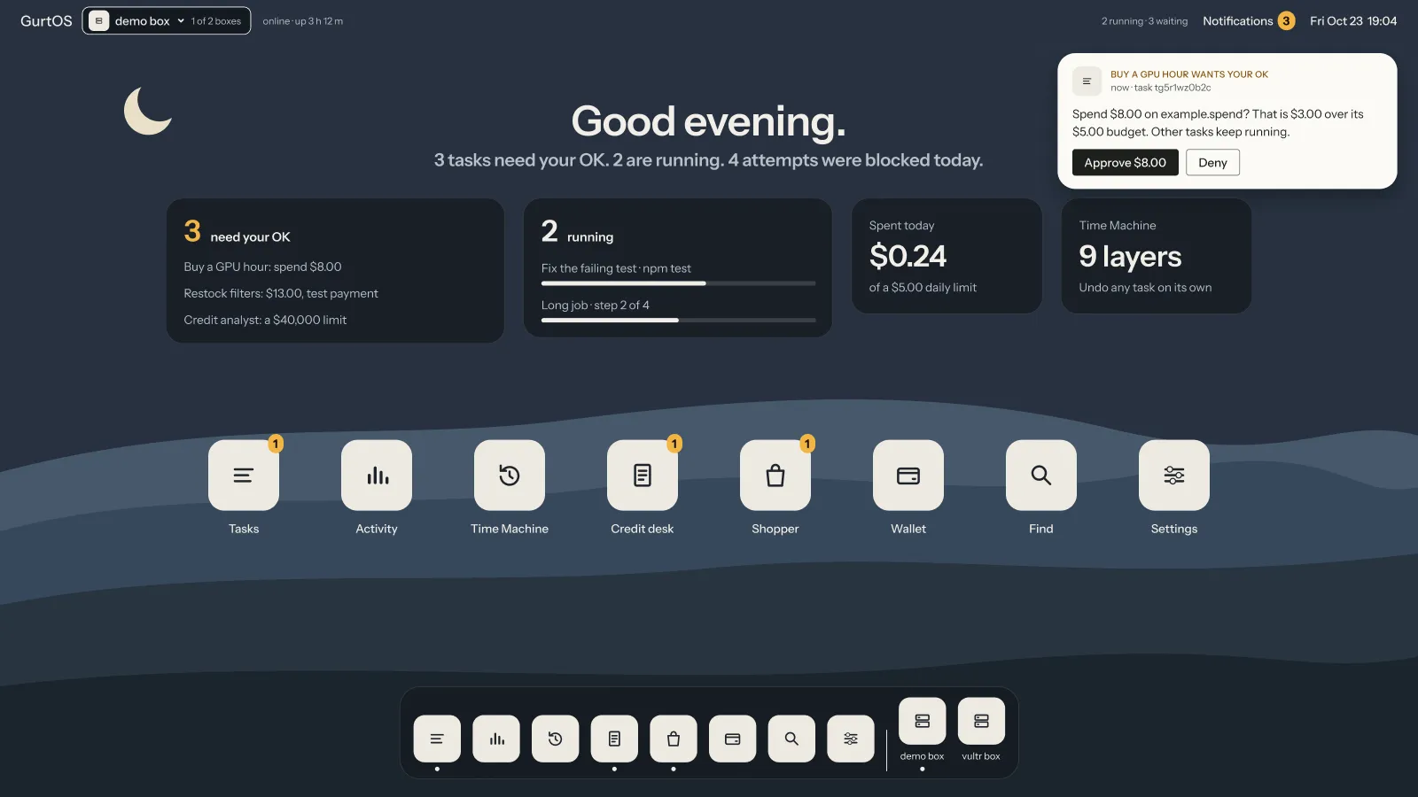 The GurtOS home screen: a greeting, widgets for approvals waiting, running tasks, money spent today and Time Machine layers, an app grid and a dock.